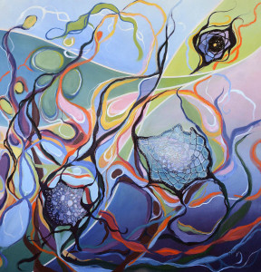 Moment Of Bliss,  Acrylic, crochet, oil stick, 38" x 38", March 16, 2014,
