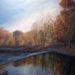 An painting depicting a sunset over a forest and creek.