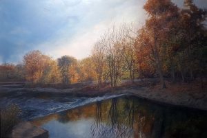 An painting depicting a sunset over a forest and creek.