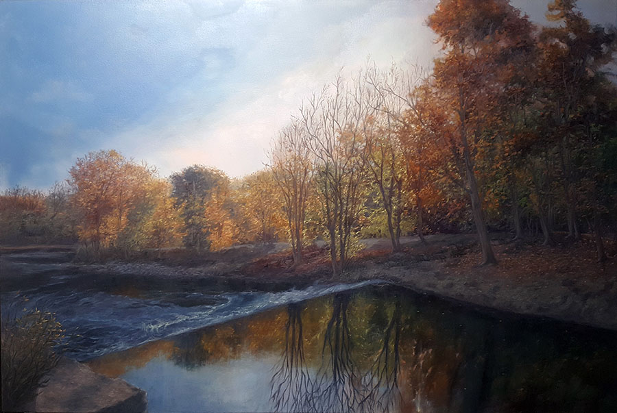 An painting depicting a sunset over a forest and creek.
